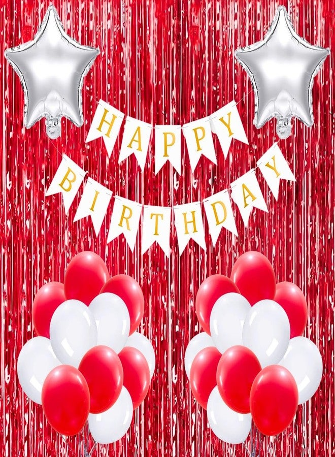 Flyloons مستلزمات تزيين أعياد الميلاد من فلاي لونز للبنات والأولاد، تتضمن بالونات معدنية باللونين الأحمر والأبيض، وبالونات فويل فضية على شكل نجمة، وستارة فويل حمراء، وشعار أبيض. - Image 1